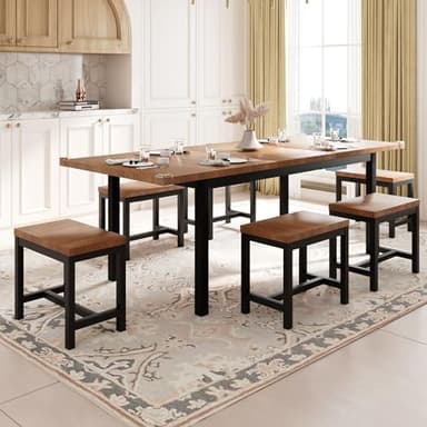 Feonase 7-Piece Dining Table Set with 6 Stools, 63" Large Extendable Kitchen Table Set for 4-8, Mid-Century Dining Room Table with Heavy-Duty Frame & MDF Board, Easy Assembly, Walnut - Image 1