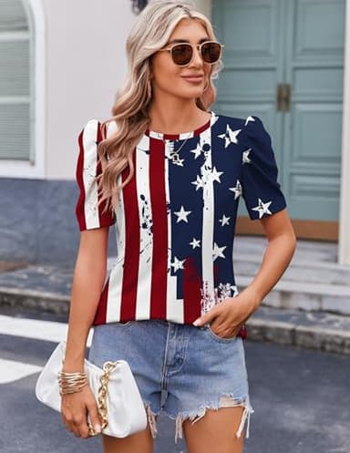 Zeagoo Shirts for Women 2025 Summer Tops American Flag Blouses Business Work Tunic Tee Puff Sleeve Tshirts - Image 2