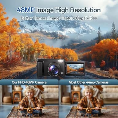 4K Digital Camera for Photography - Autofocus 48MP Vlogging Camera for YouTube with 3'' 180°Flip Screen - 16X Digital Zoom, Anti-Shake Camera for Vlogging with SD Card, 2 Batteries & Charging Stand - Image 3