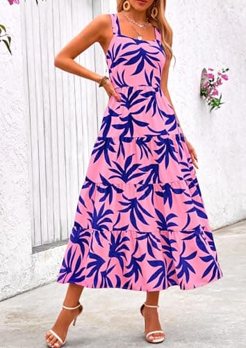 PRETTYGARDEN Women's Summer Floral Maxi Dress Sleeveless Smocked Ruffle Long Flowy Beach Vacation Boho Sundresses (Floral Pink Blue,Small) - Image 6