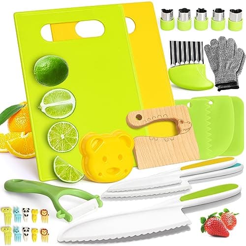 28PCS Toddler Knife Set - Kids Knifes for Real Cooking, Montessori Kids Kitchen Knife Set with Cutting Board Crinkle Cutters Kid Safe Knives, Toddlers Kitchen Tools for Age 2-10 Year Old Girl Boy - Image 1