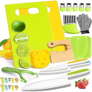 28PCS Toddler Knife Set - Kids Knifes for Real Cooking, Montessori Kids Kitchen Knife Set with Cutting Board Crinkle Cutters Kid Safe Knives, Toddlers Kitchen Tools for Age 2-10 Year Old Girl Boy - Image 1