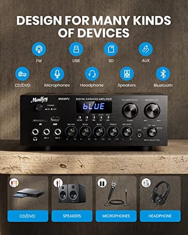 Moukey Stereo Receivers with Bluetooth 5.0, 400W 2.0 Channel Power Audio Amplifier Stereo System w/USB, SD, AUX, RCA, MIC in w/Echo, LED for Karaoke, Home Theater Speakers - MAMP1 - Image 2
