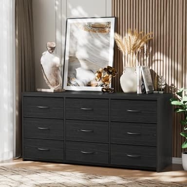 OURPIC Black Dresser for Bedroom, Long Dresser for Closet, 9 Drawer TV Stand for 65 Inch TV, 15.75” Deepth Fabric Drawer, Chest of Drawer Large Storage Organizer, Hallway Furniture, Wooden Top Side - Image 9