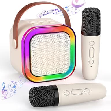 TAEMVV Mini Karaoke Machine for Kids Ages 2-12, Portable Bluetooth Karaoke Speaker with LED Party Lights & 2 Wireless Microphones, Perfect Birthday & Holiday Toys Gifts for Girls Boys (White) - Image 1