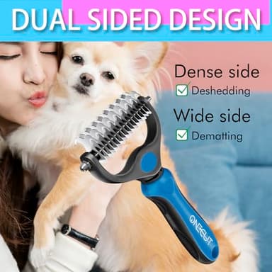 OneCut Pet Grooming Brush and Metal Comb Combo, Pet Grooming Rake and Brushes for Small, Medium & Large Dogs Double Sided Deshedding Tool Removes Knots and Tangled Hair (Blue) - Image 2