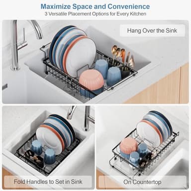 iSPECLE Expandable in Sink Dish Drying Rack - Adjustable Capacity (12.4''-17.1''L) Over The Sink Dish Drainer Drying Rack for Kitchen Counter and Sink, Dish Rack with Utensil Holder, Black - Image 2