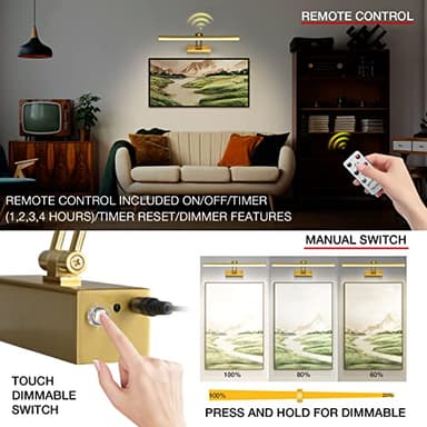 FUNCHDAY Wireless Picture Light,5000mAh Battery Operated Picture Light with Remote, Art Light with Timer,16“ Full Metal Picture Frame Light for Paintings, Gallery,Wall (Brass) - Image 4