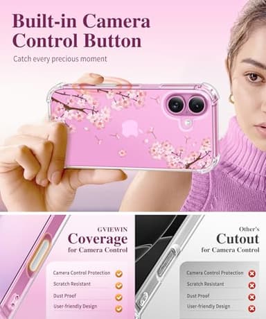 GVIEWIN for iPhone 16 Case, with Screen Protector & Camera Lens Protector, Floral Shockproof Protective Bumper Slim Soft Clear Phone Cover for Women 2024 6.1" (Sakura/Pink) - Image 5