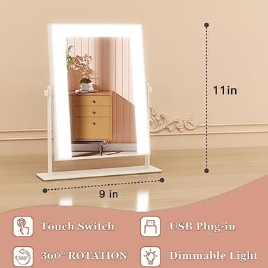 ROLOVE 9"x11" Small Vanity Mirror with Lights, Lighted Makeup Mirror with Light, Portable Tabletop Cosmetic Make Up Mirror, Smart Touch Control, Dual Power Supply, 360°Rotation - Image 3