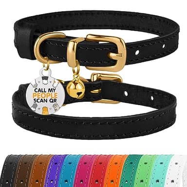 BRONZEDOG Leather Cat Collar with Removable Bells Non Breakaway Kitten QR Tag for Girl Boy (9" - 12" Cats/Mini Dogs, Black & Gold) - Image 1