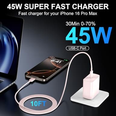 Phone 17 16 Pro Max Charger Fast Charging, 45W USB C Phone 17 16 Super Fast Charger Block with 10ft Long Type C Charging Cable Cord for i.Phone 17 Pro Max/17 Pro/17 Air/17/16/16Pro/16 ProMax /15/S25 - Image 4