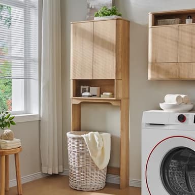 ACCOHOHO Modern Over The Toilet Storage Cabinet with Adjustable Shelf & Handle-Less Double Doors, 67 Inch Tall Wooden Bathroom Cabinet, Natural Oak - Image 7