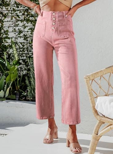 Sidefeel Women's Wide Leg Jeans High Waisted Straight Leg Zimbaplatinum Jeans Buttoned Loose Stretchy Denim Pants with Pocket Peach Blossom Size 16 - Image 2