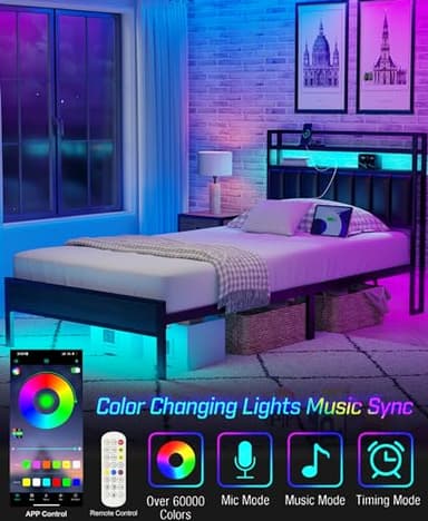 Twin Size Bed Frame with Charging Station and LED Lights, Metal Bed Frame with Headboard, Black Upholstered Headboard with 2-Tier Storage Shelves, Noise Free, No Box Spring Needed, Black - Image 3