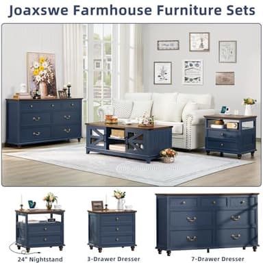 Joaxswe Farmhouse 54" 7 Drawers Dresser for Bedroom, Wide Chest of Drawers w/ 4 Wooden Legs, Vintage Rustic Large Closet Storage Dressers Organizer for Hallway, Wood TV Stand for Living Room, Blue - Image 3