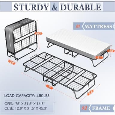 INTERGREAT Folding Bed, 75" x 31"Cot Size Portable Folding Beds for Adults, Metal Foldable Bed on Wheels for Guest, Space Saving Roll Away Beds for Easy Storage - Image 3
