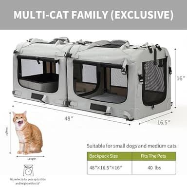 Petseek Extra Large Cat Carrier Soft Sided, Portable Small Dog Carrier for 2 Cats, 24"x16.5"x16" Car Travel Folding Comfortable Design with Litter Box and Bowls, Grey-2+ Litter Box+ Bowl*2 - Image 2
