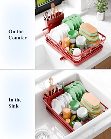 Kitsure Dish Drying Rack for Kitchen Counter, Stainless Steel Sink Organization and Storage Essentials with Cutlery Holder, Home and Appartment Decor, 12''W x 15.5''L, Red - Image 4