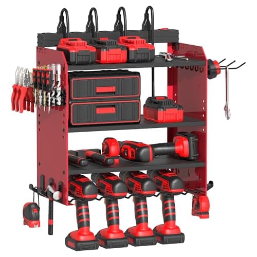 Power Tool Organizer Wall Mount with Charging Station, Garage 4 Drill Storage Shelf with Cordless Tool Holder, Heavy Duty Rack with 8 Outlet Power Strips and Hooks, Gift for Men, Husband (4 Layer) - Image 1