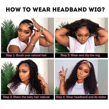 Headband Wig Human Hair Deep Wave Wigs 24 inch Brazilian Human Hair Headband Wigs for Black Women Glueless Non Lace Front Wig Machine Made Curly Deep Wave Headband Wig 150% Density Natural Color - Image 4