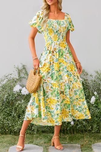 PRETTYGARDEN Women's Casual Summer Midi Dress Puffy Short Sleeve Square Neck Smocked Tiered Ruffle Dresses (Floral Yellow,Large) - Image 7