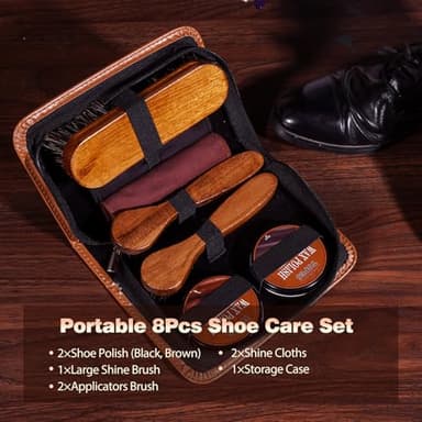 8pcs Shoe Polish Kit Including 3 Pieces Horse Hair Shoe Brushes with 6.7IN Handle, 1.4oz Black & Brown Shoe Shine, 2 Polish Cloths, Leather Shoes and Boots Care Kit with Storage Case - Image 6