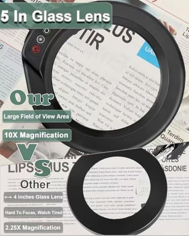 Veemagni 10X Large Magnifying Glass with Light and Clamp, 5 Inch Real Glass Stand Magnifying Desk Lamp, 5 Color Modes Stepless Dimmable, Hands Free LED Lighted Magnifier for Crafts Reading Close Work - Image 4