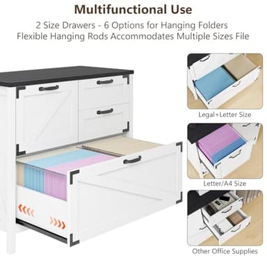 Lateral File Cabinet with 4 Drawers Farmhouse File Cabinet for Letter/Legal/A4 Size Hanging Files, Large Wood File Storage Cabinets Printer Stand for Home Office Cabinet, White and Black - Image 4