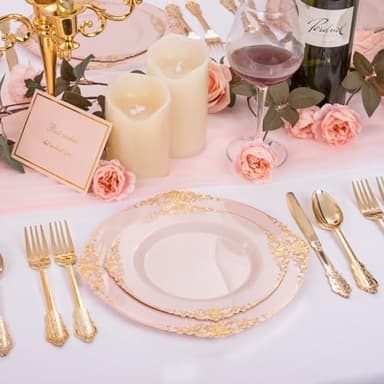 Joyido 102PCS Pink Plastic Plates - Pink and Gold Plate - Heavyweight Disposable Plate with Gold Rim - Fancy Dinner & Dessert Plates for 51 Guests Weddings & Parties - Image 7