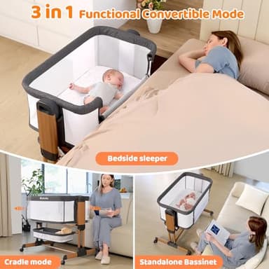 Ezebaby 3-in-1 Baby Bassinet, Rocking Baby Bassinets Bedside Sleeper, Adjustable Portable Crib for Newborn Infant with Wheels Storage Basket and Mesh Sides - Image 3