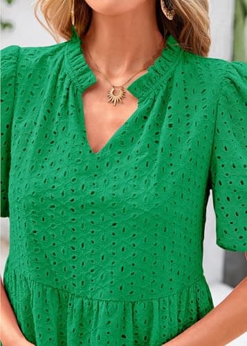 KIRUNDO Eyelet Summer Dresses for Women 2025 Mini Casual Hollow Out Short Sleeve Lace Tiered V Neck Shift Dress Pockets(Green, Medium) - Image 6
