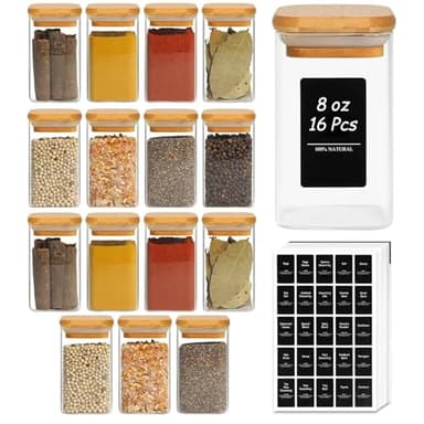 ComSaf Spice Jars with Labels 8 oz 16Pack, Small Spice Containers Starter Set, Glass Seasoning Jars with Lids, Square Seasoning Containers for Salt, Pepper, Chili Powder, Sugar, Loose Tea Storage - Image 1