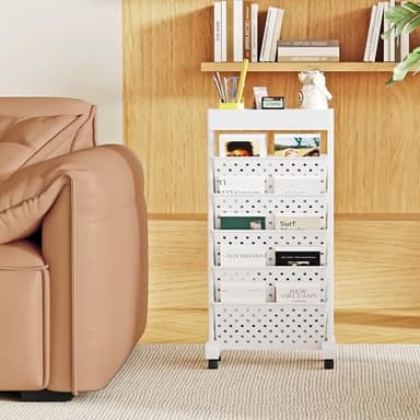 YEMUNY 6 Tier Rolling Utility Cart Multi-Functional Movable Storage Book Shelves with Lockable Casters for Study Office Classroom, White - Image 2