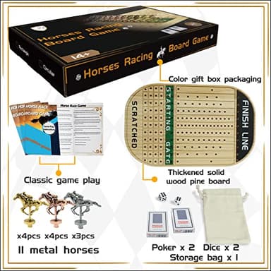 Jyquorp Horse Race Board Game Racing Game Thickened Solid Wood with 11 Luxurious Durable Classic Metal Horses with 4 Dice and 2 Boxes of Cards Horse Racing Game (Log Color, Oval)… - Image 5