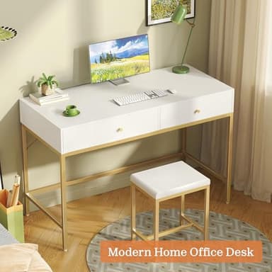 SUPERJARE 43-inch Modern White & Gold Desk - 2 Drawer Vanity, Computer & Home Office Study Desk for Writing & Bedroom - Image 6