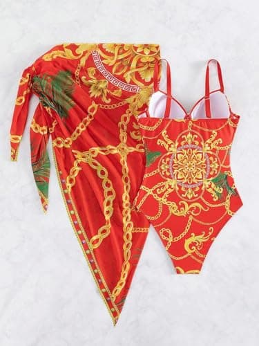 One Piece Women's Swimsuit with Beach Cover Up Wrap Skirt Set, Tummy Control, Sexy V Neck Reds - Image 4