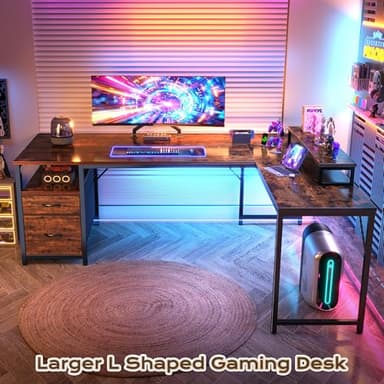 PRAISUN 63 Inch L Shaped Desk with Power Outlets and USB-C Port, Computer Corner Home Office Desk with File Fabric Drawers and Movable Monitor Stand, Larger Storage, Gaming, Writing, Rustic Brown - Image 8