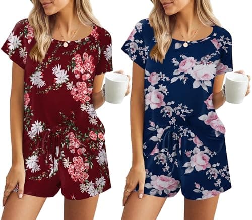 Ekouaer Summer Sleepwear for Women 2 Piece Pajama Set Short Sleeve Sleep Sets Classic Round Neck Pjs with Pockets Red Flowers/Navy Flowers,Medium - Image 1