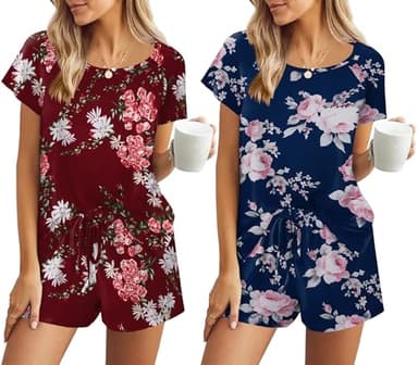 Ekouaer Summer Sleepwear for Women 2 Piece Pajama Set Short Sleeve Sleep Sets Classic Round Neck Pjs with Pockets Red Flowers/Navy Flowers,Medium - Image 1