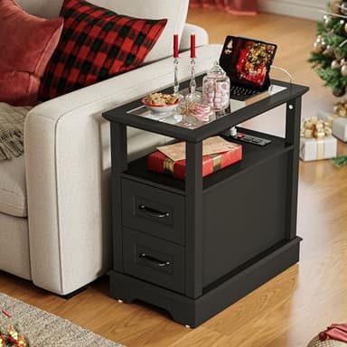 LINSY HOME Narrow End Table with Charging Station, Side Table with Glass Top, Open Shelf, and 2 Drawers, Small Sofa Table with Storage for Living Room, Black - Image 6