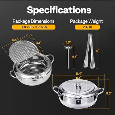 VIVOHOME 8.3 Inch 2.2 L 304 Stainless Steel Deep Fryer Pot with Tong, Tempura Fryer Pan with Thermometer for Chicken, Fish, French Fries, Shrimp - Image 4