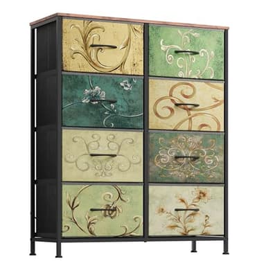 WLIVE Tall Fabric Dresser with 8 Drawers, Storage Tower with Fabric Bins, Double Dresser, Chest of Drawers for Closet, Bedroom, Living Room, Hallway, Dorm, Floral Painted - Image 1