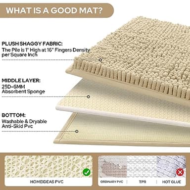 HOMEIDEAS 3 Pieces Bathroom Rugs, Ultra Soft Non Slip Absorbent Chenille Toilet Bath Mat Set (Beige) - Image 4