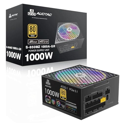 Auotac 1000W Fully Modular Power Supply 80+ Gold Certified with 12V-2x6 Cable – ATX 3.1 & PCIe 5.1 Compliant, 140mm RGB Low-Noise Smart Fan, 105℃-Rated Capacitors, Black - Image 1
