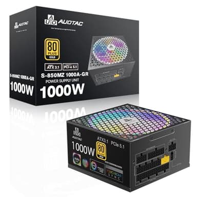 Auotac 1000W Fully Modular Power Supply 80+ Gold Certified with 12V-2x6 Cable – ATX 3.1 & PCIe 5.1 Compliant, 140mm RGB Low-Noise Smart Fan, 105℃-Rated Capacitors, Black - Image 1