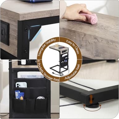 AMHANCIBLE C Shaped End Table with Charging Station, TV Tray Set of 2, Couch Tables with Storage Bag, Slide Under Sofa Side Table with USB Ports and Outlets for Living Room, Grey HET04CGY - Image 6