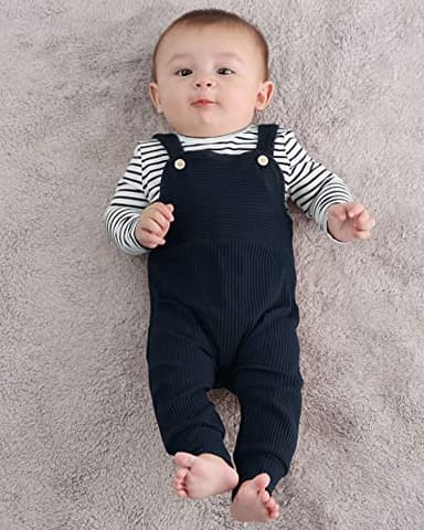 YUEMION 24 Months Baby Boy Clothes 18 Months Newborn Infant Boy Outfits 2Pcs Stripe Top Romper Pants Set 0-24 Months Overalls Toddler Boy Clothes(Navy Blue, 18-24 Month) - Image 2