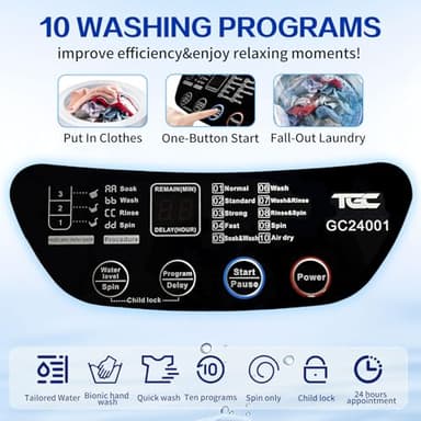 TGC 0.9 Cu.Ft.Small Portable Washer, 7.7 lb. Capacity Mini Washing Machine for Homes & Apartments & LED Display，Built-in Drain Pump,White，10 Wash Cycles and Drain Hose Included - Image 3