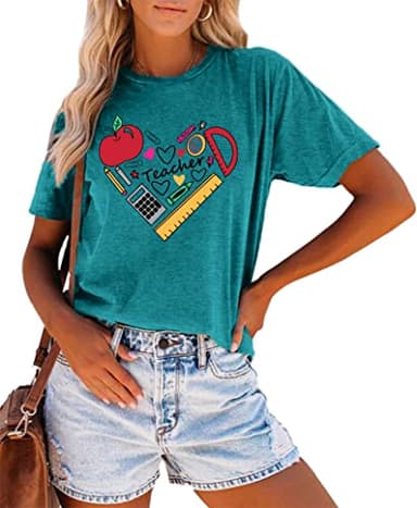 Teacher T Shirt for Women Funny Teaching Heart Graphic Tee Tops Teacher Day Gift Shirts(A-Cyan,Medium) - Image 1